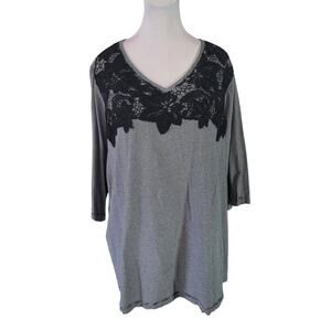 Catherines Size 3x WP Lace Floral Black White Striped Casual Tee Basics Feminine